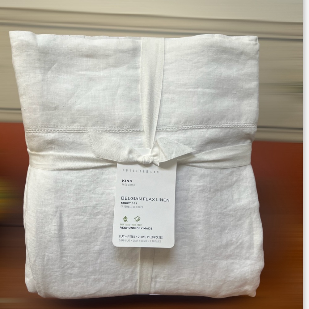NEW POTTERY BARN BELGIAN FLAX LINEN KING SHEET SET in White